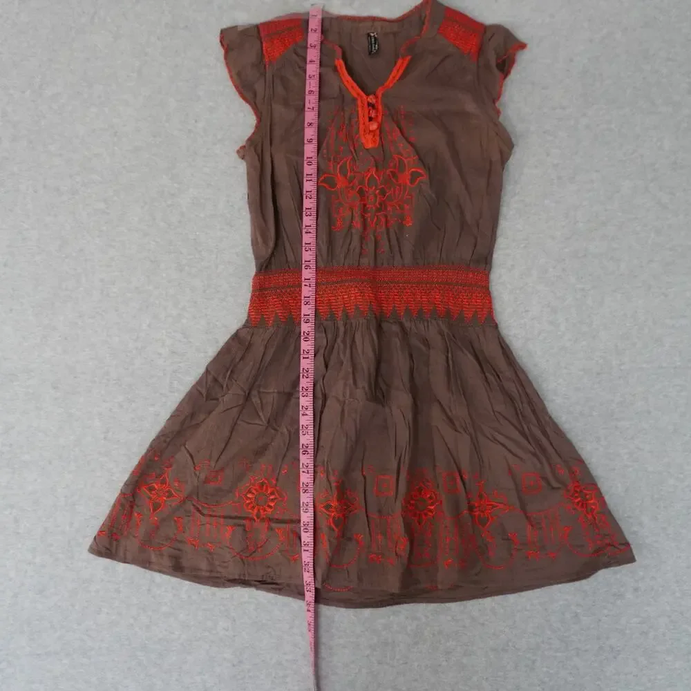 Free People Bohemian Brown And Coral Embroidered Mini Dress